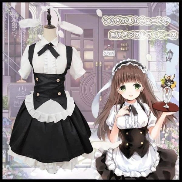 白と黒のメイド服 喫茶店 制服がかわいいうさぎの耳燕尾のベストワンピース スイートガール6点セット 垢抜けロリータドレス着痩せの ポンポンスカート