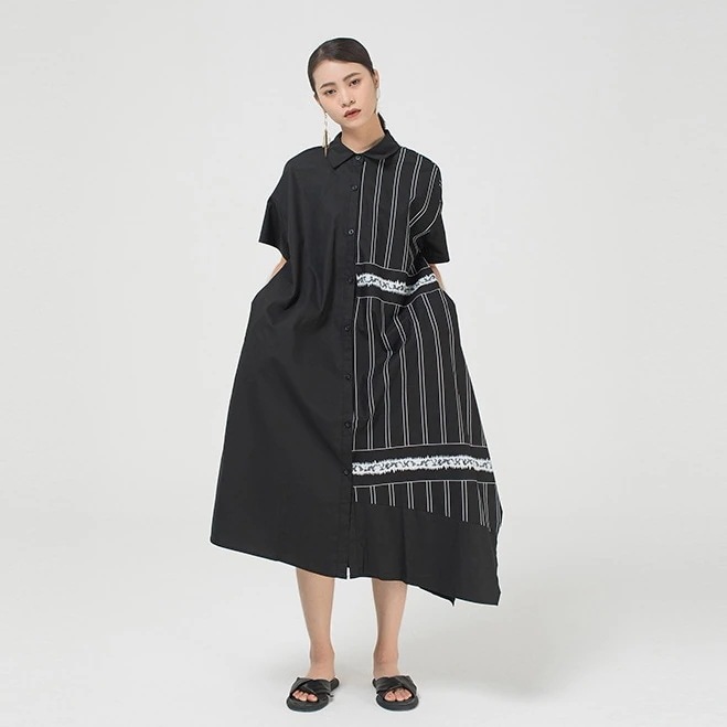 暗黒風豹紋縞つなぎ不規則シャツワンピース大サイズファットマミー半袖ロングワンピース