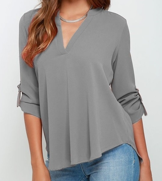 2309.Vネックロールアップ7分袖シフォンシャツブラウス(グレー) 2019 春夏 新作 大人 かわいい きれいめ シンプル OL 20代 30代 デート服 女子会 通勤 体型カバー