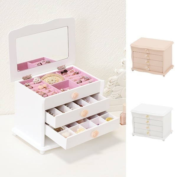 ジュエリーボックス 4段 ミラー付 クリア取っ手 幅26cm アクセサリーボックス ジュエリー収納 鏡 ミラー 化粧品入れ アクセサリー収納 アクセサリー ジュエリーケース アクセサリーケース