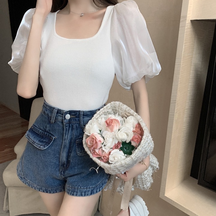 トップス レディース カットソー 個性的 春服 夏服 2色 袖あり パフスリーブ ぽわん袖 Uネック シフォン インスタ映え モテ 流行 トレンド 格上げ ブラック ホワイト S M L シ