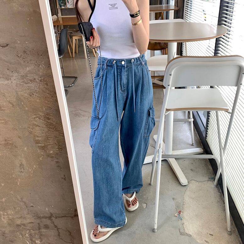 2color レディース ポケット付きドロストワイドデニムパンツ ボトムス パンツ デニムパンツ ワイドパンツ ウエスト紐 ポケット付き ハイウエスト デニム ブルー 可愛い キレイめ 上品 フェミニ