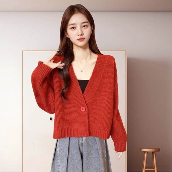 女性のデイリー生地ボタンVネックニットカーディガンLDW-CA-SSIS595-レッド