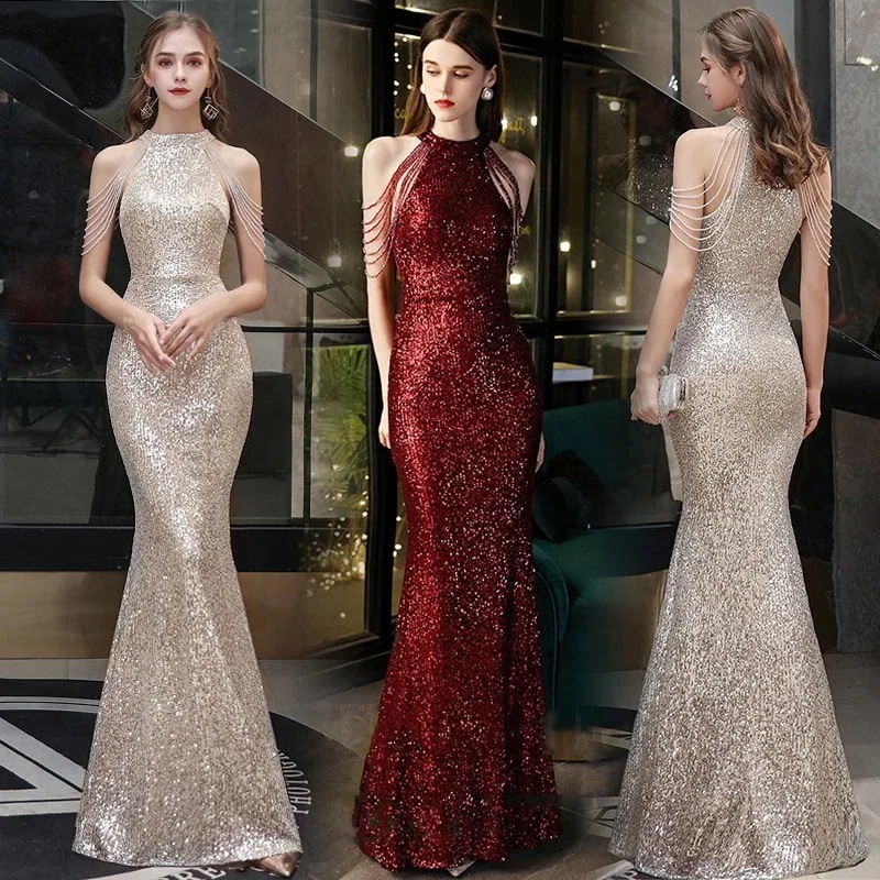 バンケット ドレス 2024 ドレス ホルターネック ショルダー セクシー テール スリム フィット ヒップカバー スパンコール ロング スカート安い