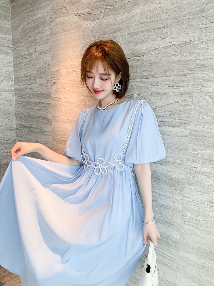 ドレス パーティー 二次会 披露宴 発表会 フォーマル 謝恩会 ミモレ 半袖 パフスリーブ ラウンドネック ストレート Aライン カクテル プリーツ ウエストマーク ハイウエスト きれいめ 12,614円