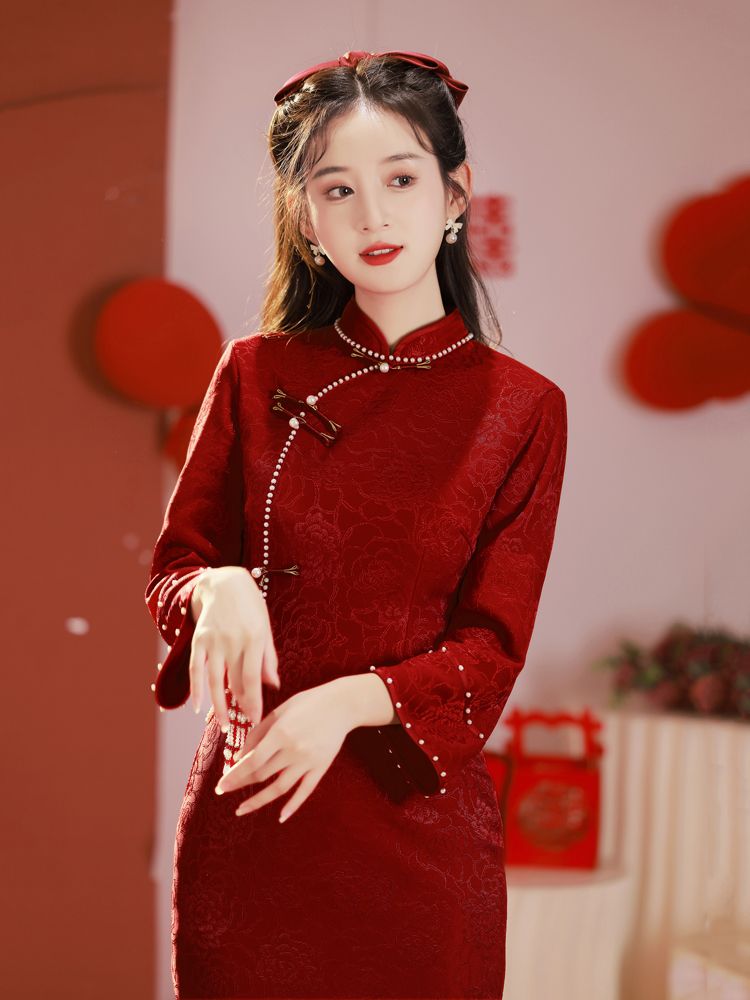 チャイナドレス 乾杯ドレス 花嫁 ワインレッド 婚約ドレス レディース 風 改良バックドア 結婚式 宮殿風 長袖