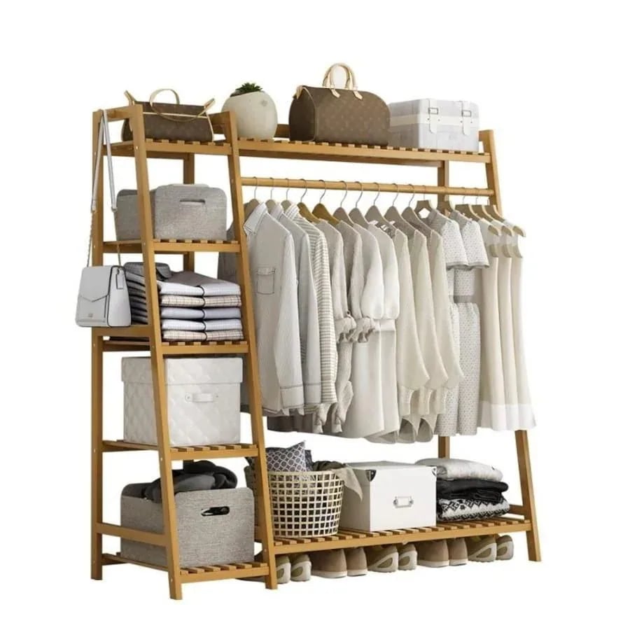 ハンガーラック 天然竹製 ワードローブ クローゼットポールハンガー 強力な耐荷重能力 おしゃれ 洋服掛け スタンド 押入れ収納 シングル衣類収納 頑丈 大容量