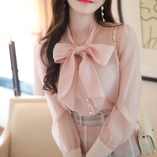 ガーリー レディース ボウタイ 妖精 春新作 春 オフィス インナー 3l 通勤服 スーツ シフォン 長袖 大きいサイズ 白 秋 トップス フェミニン リボン ブラウス ピンク