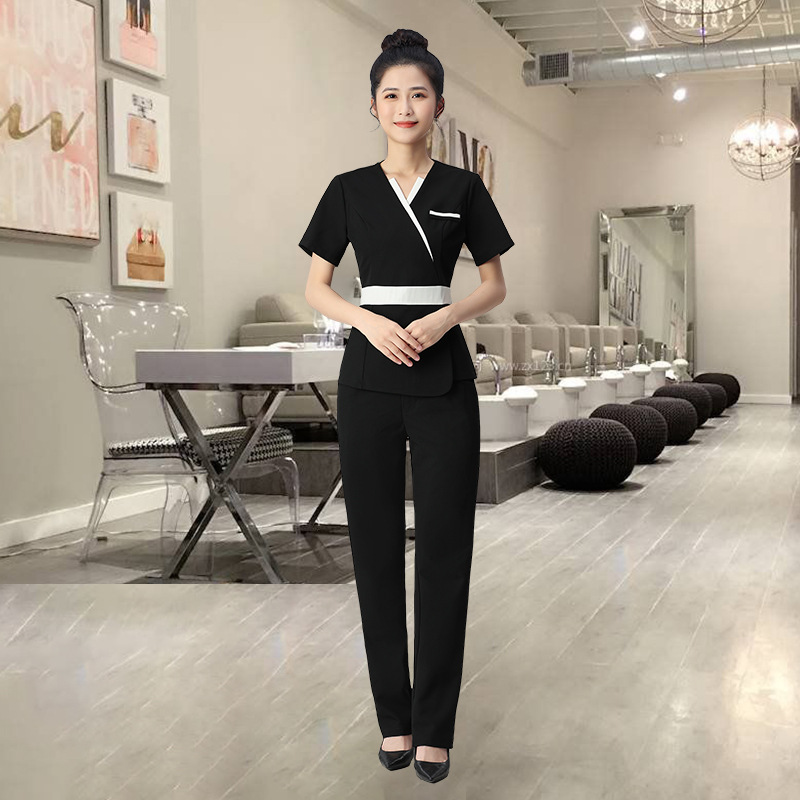 美容師作業服 保健センター 美容室作業服 フットバススーツ 半袖パンツスーツ 夏 薄手