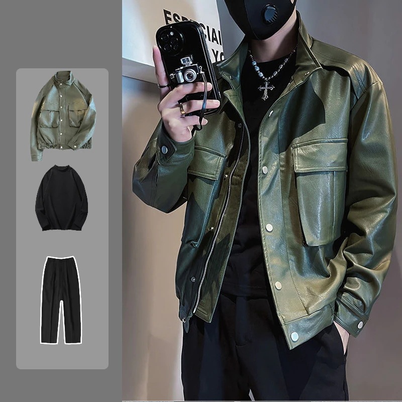 【3点セット】高級感 皮ジャケット+インナー/トップス+ロングズボン セットアップ メンズ カジュアル ハンサム 上下セット