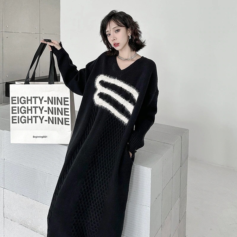 す ニット ワンピース ロングワンピ 大きいサイズ 厚手 レディース ニットワンピース ロング プルオーバー 体型カバー マキシワンピース リブニット ミモレ丈 チュニック タイト 25