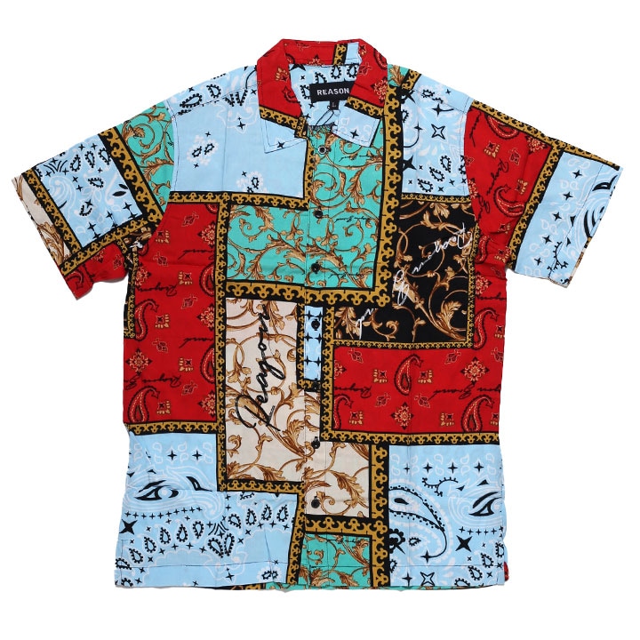 REASON 半袖シャツ メンズ 水色 大きいサイズ リーズン 柄シャツ アロハシャツ おしゃれ 総柄 大人 バロック柄 西洋 ゴールドチェーン ペイズリー柄
