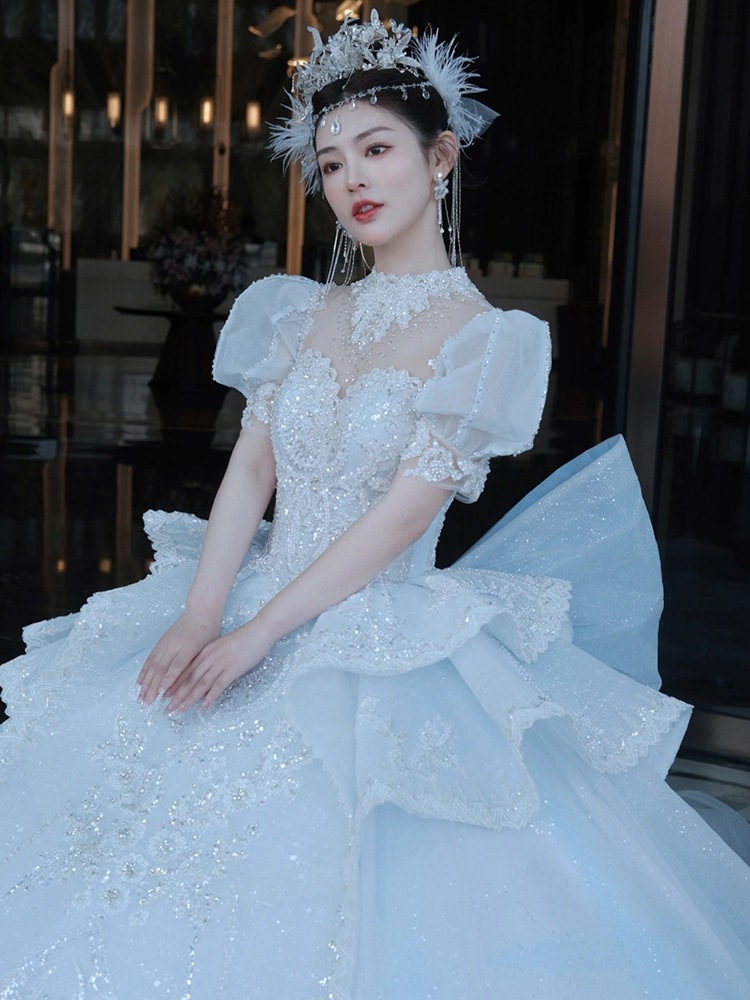 ブループリンセスウェディングドレス2025新しい花嫁メイン糸小フランス宮殿スタイルハイエンド重工業冬