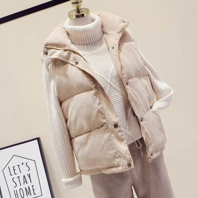 ダウンベスト アウター ベスト 袖なし ノースリーブ ハイネック ファスナー ポケット 前開き 綿 コーデュロイ かわいい 大人可愛い シンプル カジュアル 大人 おしゃれ お洒落 かっこいい 大人可