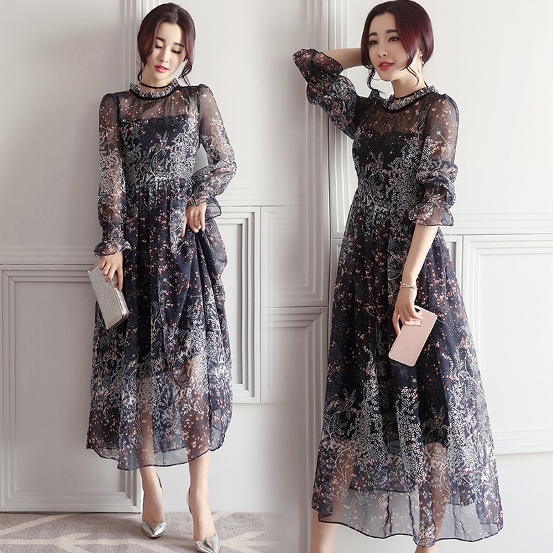 シフォン フラワー ロング ドレス ブラック パーティドレス ミニフリル 総柄 シースルー 透け感 大人レディ 華やか エレガント レディース 2018年新作 定番 人気 およばれ 結婚式 二次会