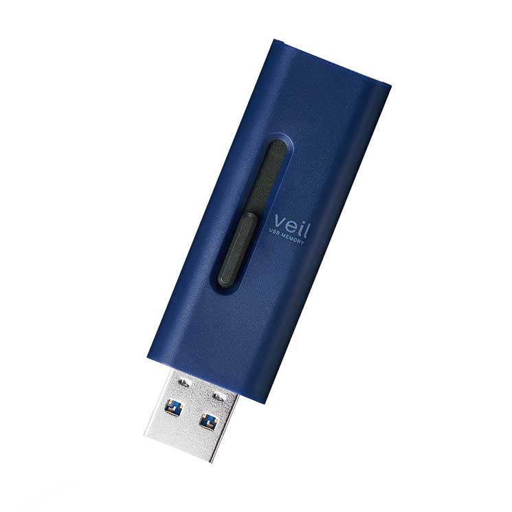 USBメモリ 128GB USB3.2(Gen1) 高速データ転送 スライド式 キャップなし ストラップホール付 ブルー