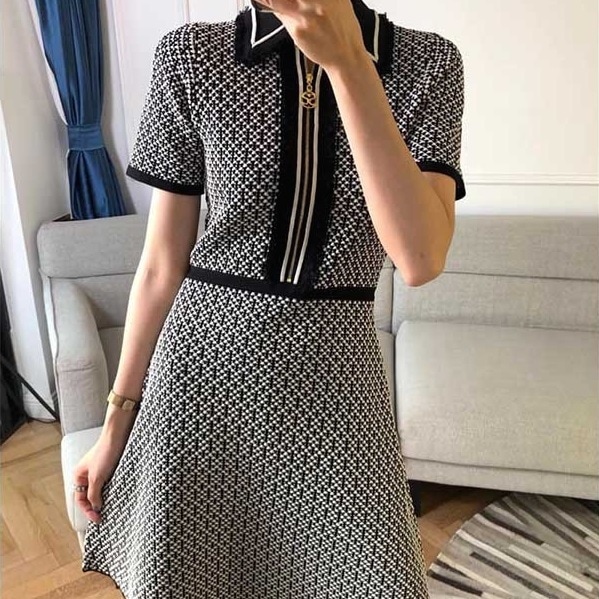 ワンピース ニットワンピース 襟付きニットワンピース ミディアム丈 半袖 襟付き ポロカラー ジッパー ハイウエスト スリム 細身 韓国 レディース かわいい 可愛い キュート 大人可愛い