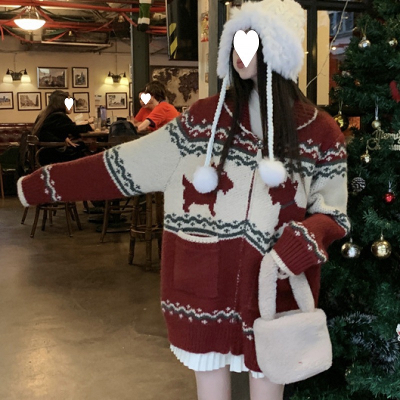 クリスマス雰囲気コントラストジャガードニットカーディガンレディースレトロミドル丈セータージャケット厚手35