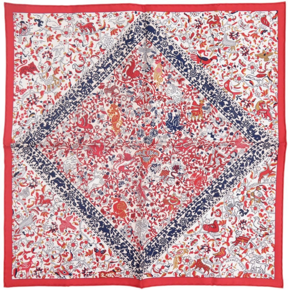 新品同様 カレ45 Jardins de Soie スカーフ シルク レッド 0197【中古】 レディース
