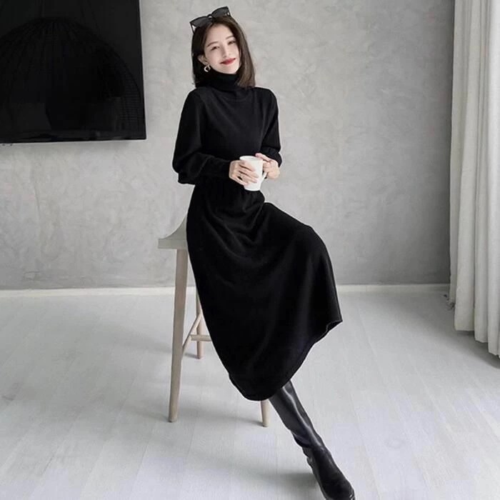 冬 ブラック ハイネック ニット 長袖 秋 可愛い 50代 30代 パフスリーブ カジュアル エレガント ワンピ ハイウエスト レディース タートルネック 40代 春 20代 フェミニン ミモレ丈 ワ