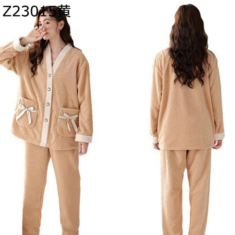 フランネルパジャマ レディース 寝間着 ルームウェア 上下set 前開き Vネック 二重起毛 ふわもこ 暖かい 寝巻き 無地 厚い ソフト 秋冬 ぱじゃま INS風 レトロ ナイトウェア 便利服