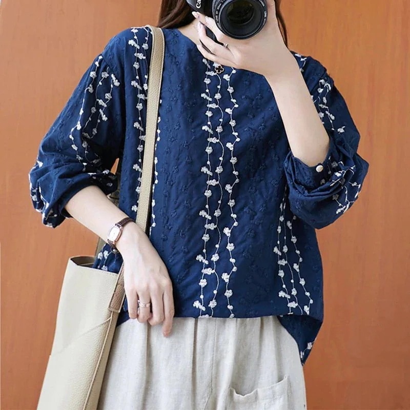 超目玉新品トップス ブラウス シャツ 春 長袖 レディース チュニック 刺繍 リネン 綿麻 花柄 無地 uネック 薄手 春30代 40代 通学