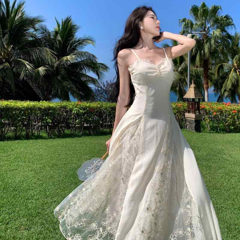 ワンピース レディース フランス ロマンチック レース スプライシング サスペンダー ロング スカート ウエスト スリムフィット スーパー フェアリー ホリデー スタイル ドレス サマー スリム