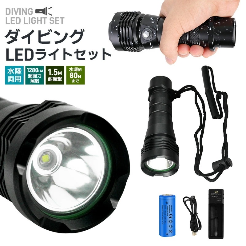 【本日限定】ダイビングハンドライト LEDハンディライト 懐中電灯 水深80ｍ使用可 電池 充電器セット LED CREE XM-L2 防水 ダイビングライト 耐高圧 超強光1280LM 水泳 IPX
