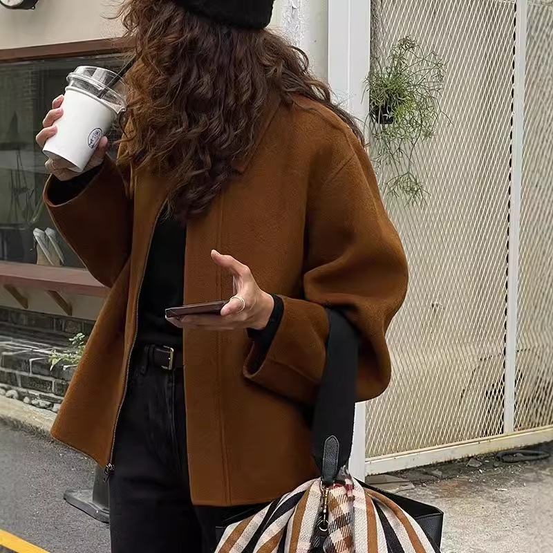 韓国ファッション レディース アウター 秋冬 テンパメントフリップカラールーズツイードコートショートジャケット