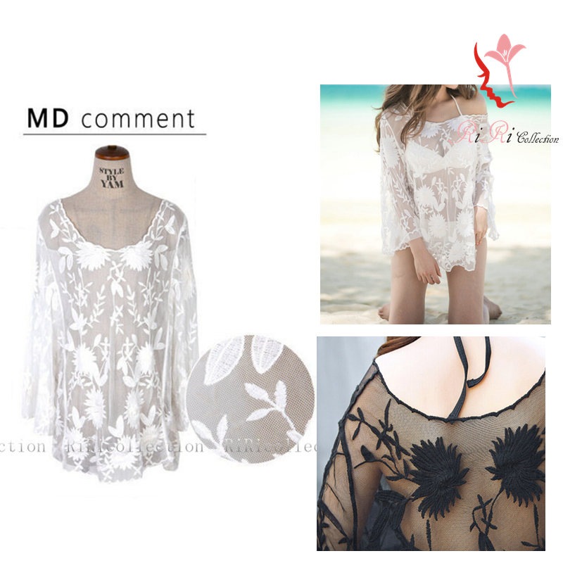 レースパーカー ２カラー ホワイト ブラック レースカーディガン フリーサイズ UVカット 体型カバー 刺繍 シンプルな水着と相性 どの色の水着とビキニにも合う 普段着でもK 組み合わせ自由