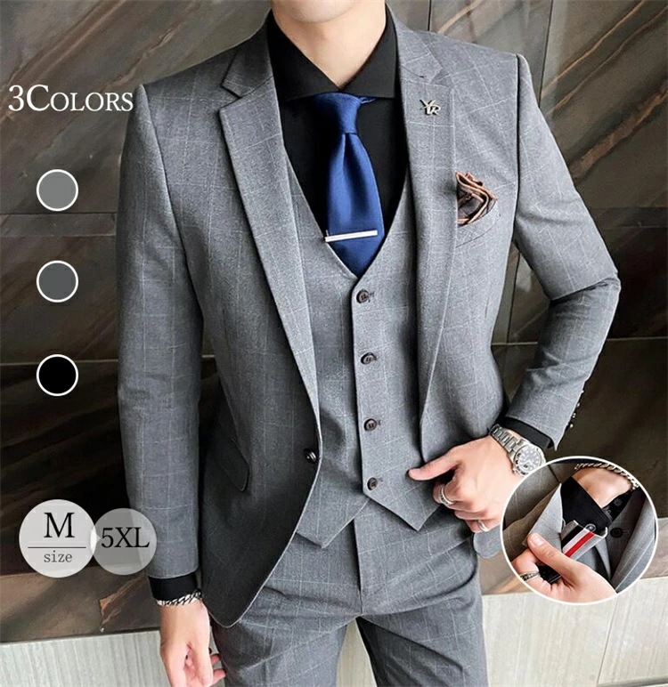 限定カラースーツ スリーピース　メンズスーツ 3ピース　スリム ビジネススーツ 1つボタン チェック洗えるパンツウォッシャブル セットアップ　パーティー 結婚式 彼氏　父の日 8,840円