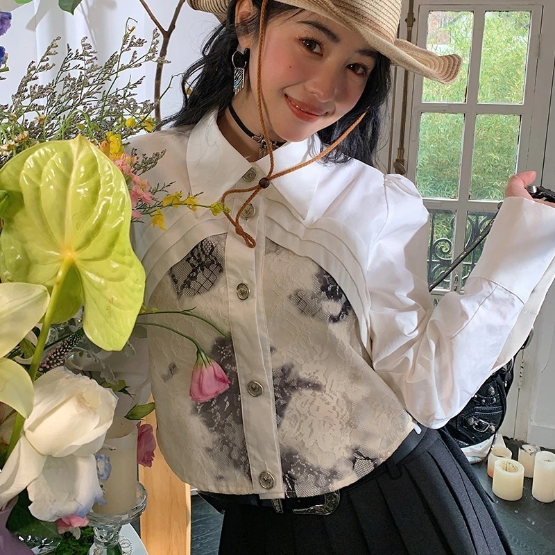 シャツ ボーダー 長袖春の新品水墨プリント少女高級感シャツ長袖ゆったりシャツシングルバックル