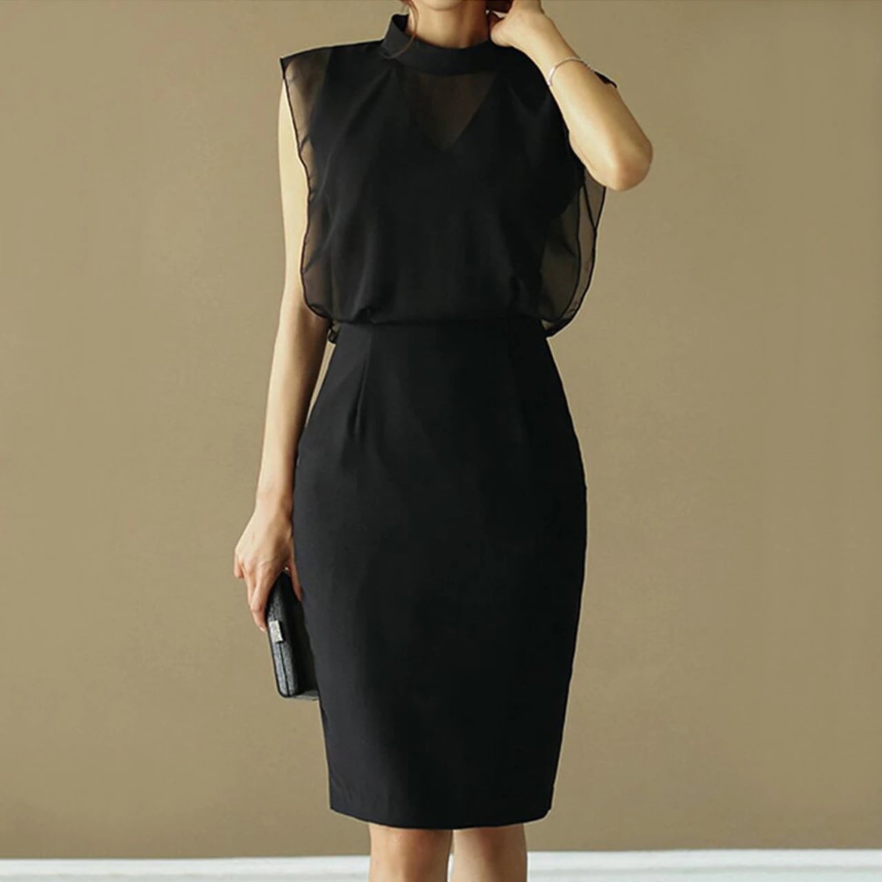 ノースリーブ 膝丈 ワンピース ひざ丈 袖なし 襟付き ハイネック スリム タイト 細身 シフォン バックシャン バックコンシャス ハイウエスト 透け感 シースルー かわいい 大人可愛い きれいめ