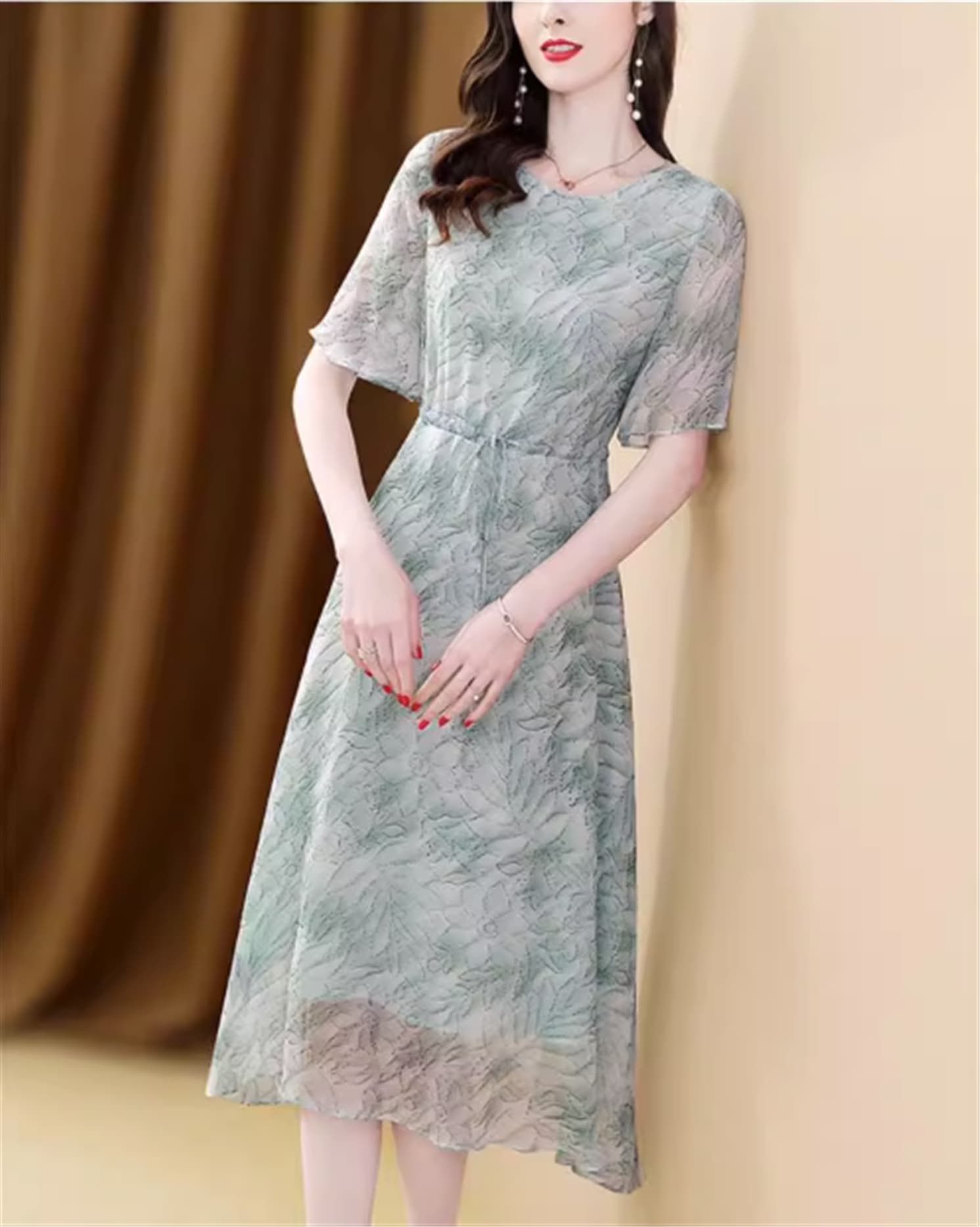 ワンピース フレアワンピース ひざした丈 半袖 ラウンドネック ウエストマーク リボン 透け感 フラワー 花柄 フェミニン 大人可愛い きれいめ カジュアル 大人女子 夏 10代 20代 30代