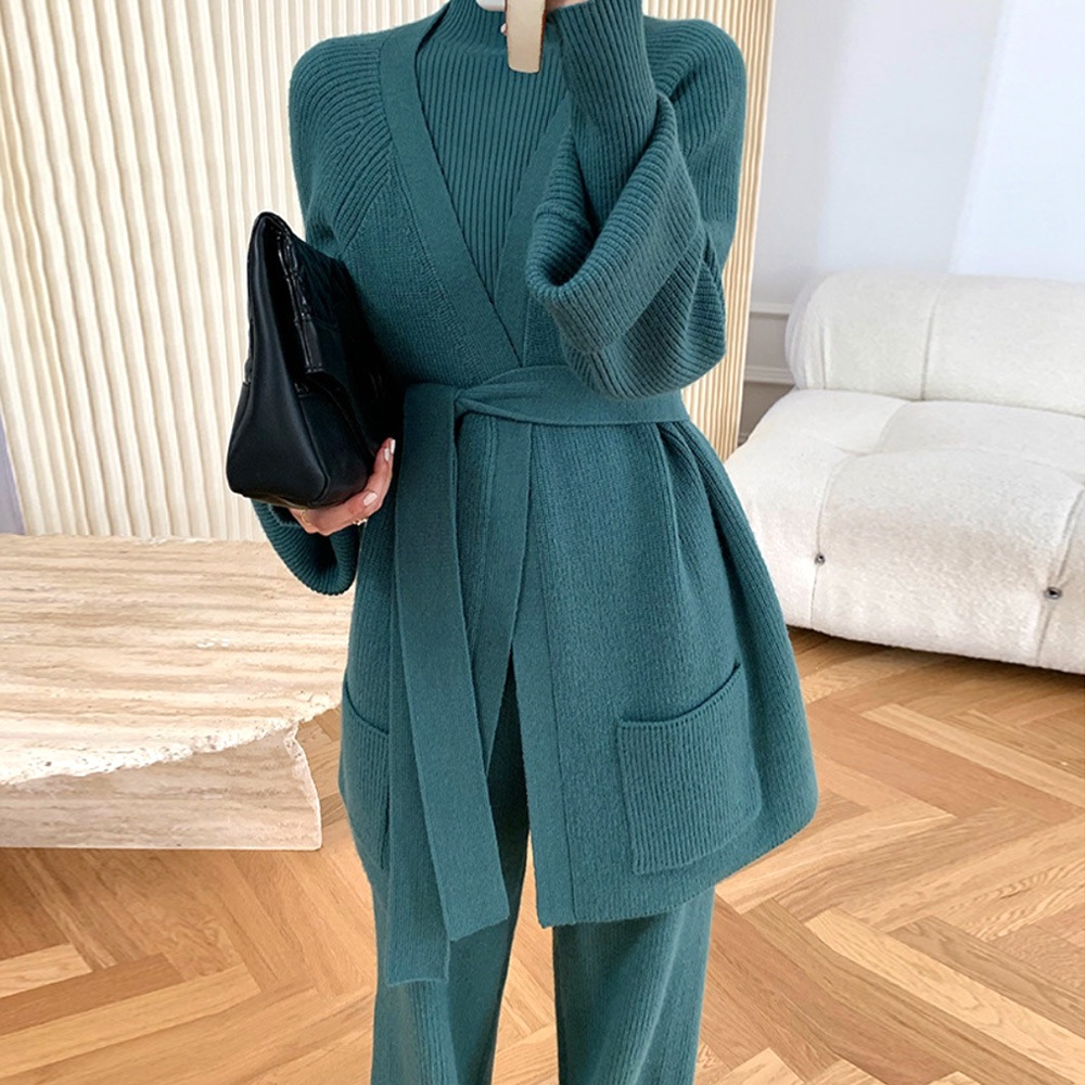 [OPS_1006_1] スリーピースセットアップニットカーディガンボトルネックパンツセットコーディネートリブニットセット(ウエストストリング付き)