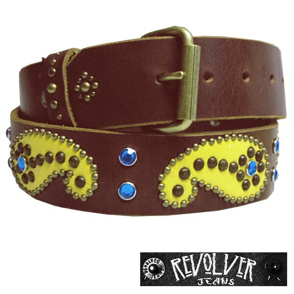 リボルバー ジーンズ メンズ レザー ベルト REVOLVER JEANS ブラウン イエロー ブルー ストーン スタッズ メンズ レディース レザーベルト 本革 LAセレブ ハリウッド セレブ カジ
