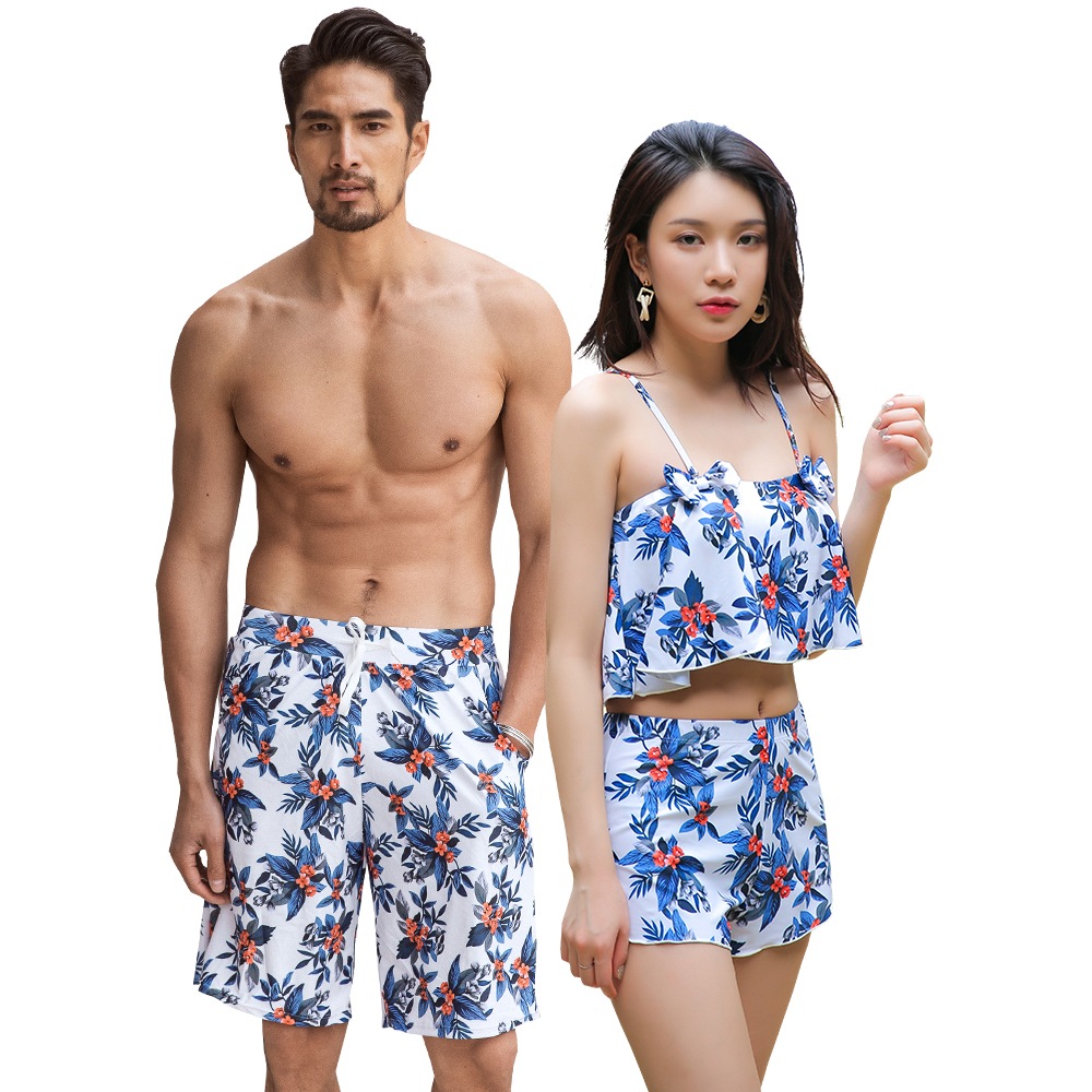 水着 カップル水着 レディース メンズ ペア水着 体型カバー ビーチパンツ お揃い 海 プール ペアルック 夫婦 恋人 彼氏 彼女 トランクス ビキニ 大きいサイズ 花柄 2019年新作