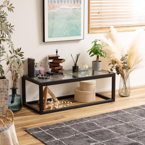 センターテーブル リビング ガラス天板 おしゃれ 北欧 ローテーブル 木製 天然木 スタイリッシュ ナチュラル カントリー シンプル 110×50cm 長方形 カジュアル