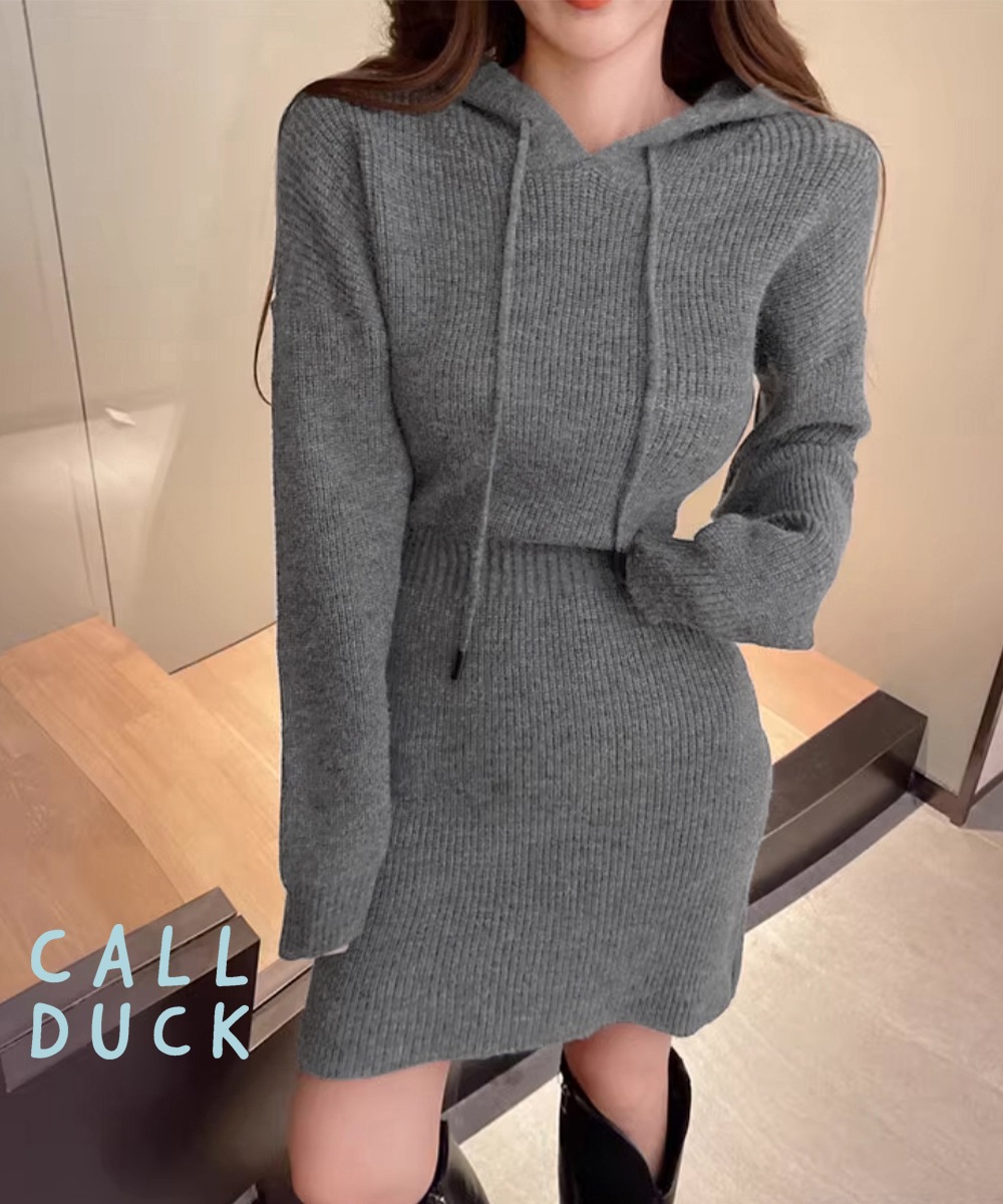 ニットワンピース M 長袖 レディース ミニ丈 ショート フード ハイウエスト タイト 細見え リブ 123978