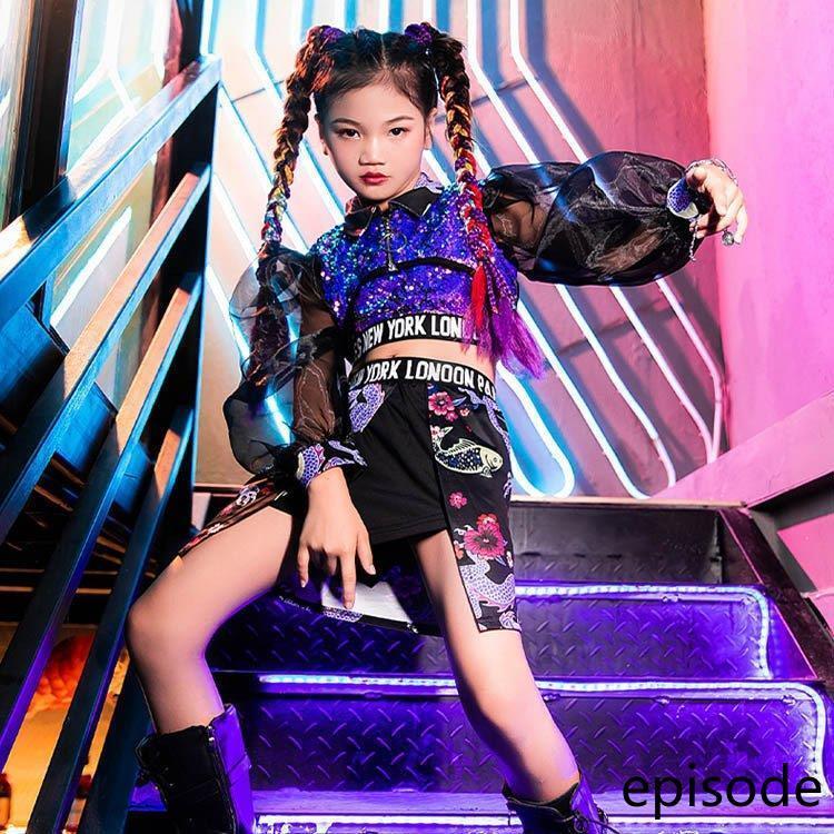 ダンス 衣装 キッズ チア チアガール キラキラ スパンコール ジャズダンス衣装 トップス スカート へそ出し 女の子 演奏会 練習着 発表会 演出 舞台服 人気