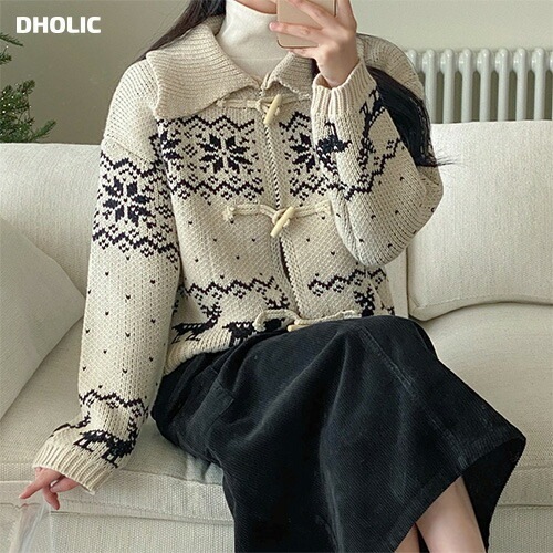 カラーネックトグルボタンノルディックカーディガン