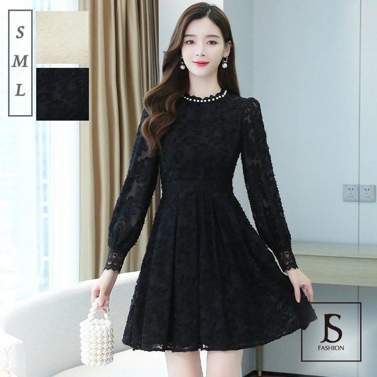 【短納期】レース Aライン ワンピース 結婚式 パーティードレス パールネック フレアワンピース ショート丈 ミニワンピース 黒 きれいめ 長袖 秋冬 エレガント 華やか 忘年会 同窓会 新年会 上品