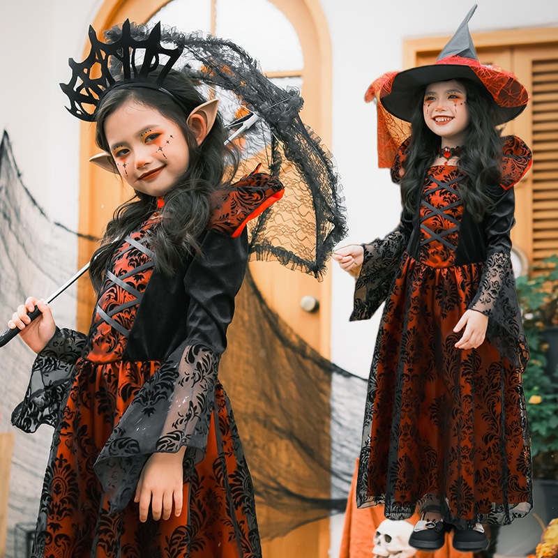 ハロウィンの子供用コスチューム魔法使いマジシャンドレス悪魔魔女女の子のコスチューム吸血鬼ローブロングスカート