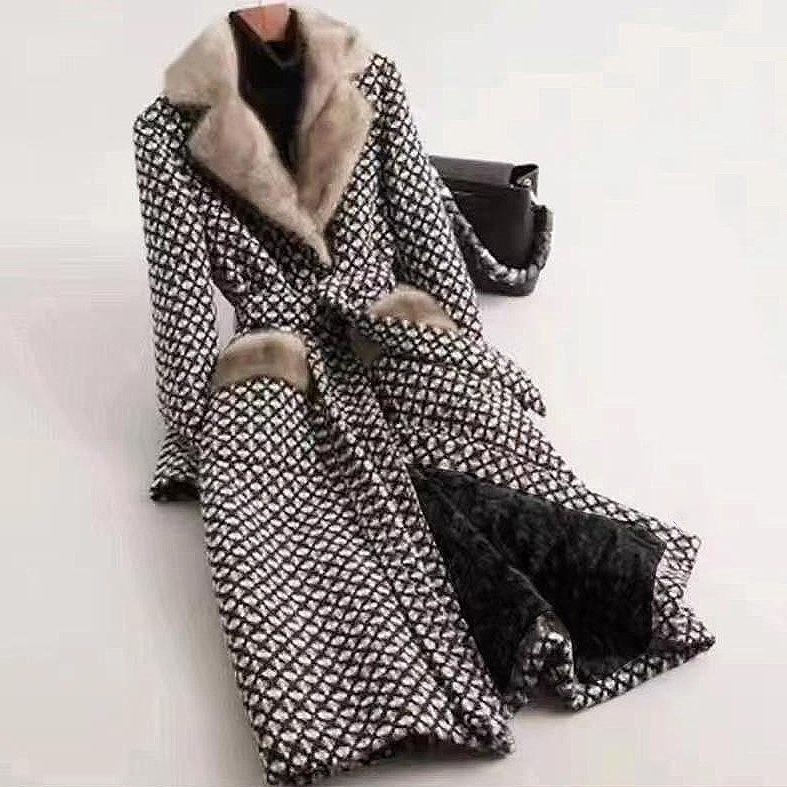 【質感注目させ】 新品殺到おしゃれ度アップ裏起毛切り替え総柄ベルト付きコート