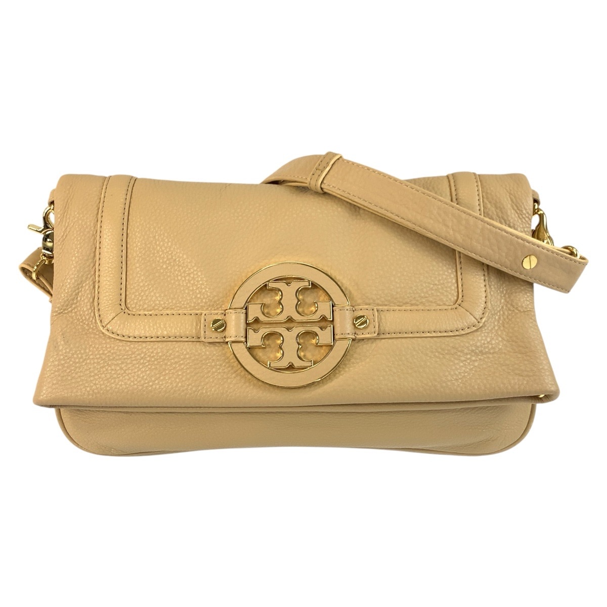 美品 ロゴ ベージュ ゴールド金具 レザー ショルダーバッグ メッセンジャーバッグ レディース 505033