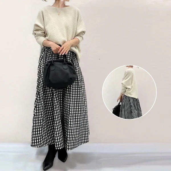 【韓国の人気爆発】 楽天人気アイテムラウンドネックセーター＋チェック柄スカートワンピースセット