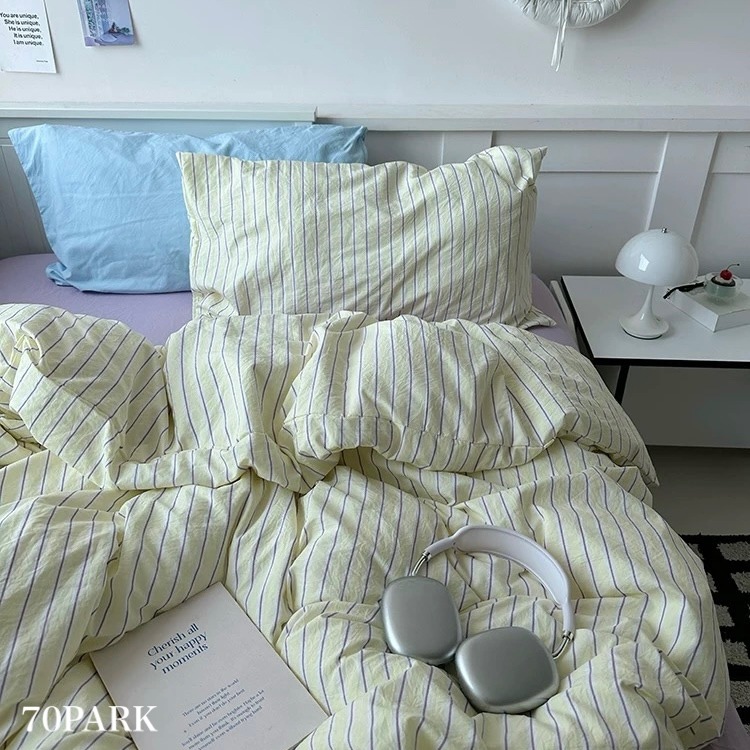 イエロー ミックス ストライプ柄 布団カバーセット 全2サイズ ベッドカバー オールシーズン 通年 シングル クイーン ベッドリネン おしゃれ 韓国 北欧インテリア 韓国インテリア 韓国 70PARK