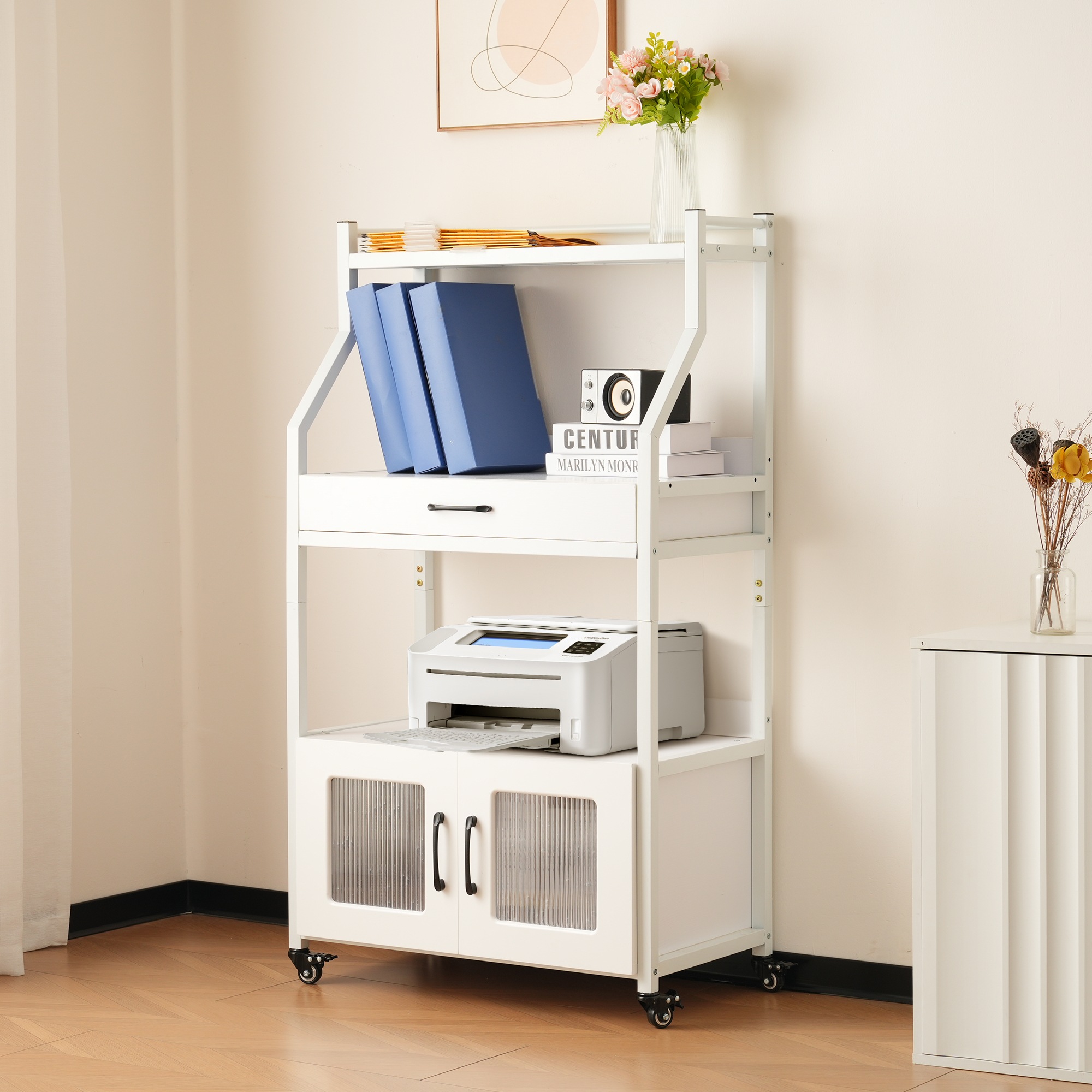 プリンター台 プリンターラック キャスター付き プリンター収納 大容量 デスク収納 木製 本ラック 収納ラック コンパクト 360回転ラック オフィス 部屋 収納用 コミックラック 漫画収納 雑誌
