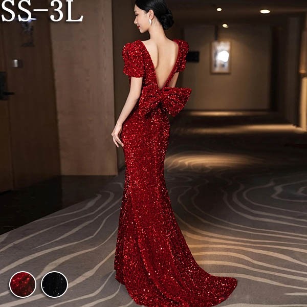 ドレス 大人 ピアノ発表会 バックシャン マーメイドドレス セクシー Vネック 演奏会 大きいリボン 結婚式 フェミニン カクテルドレス イブニングドレス フォーマル キラキラ パーティードレス ロン