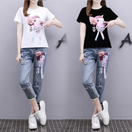 セットアップ Tシャツ デニムパンツ 9分丈 袖あり 半袖 ラウンドネック ハイウエスト デニム 上下セット 2点セット ツーピース かわいい 大人可愛い きれいめ シンプル カジュアル 大人 上品